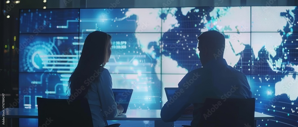 Aufkleber In the room where the telecommunications company's system control and monitoring is located, a project manager and a computer scientist discuss infrastructure infographics data on a large screen