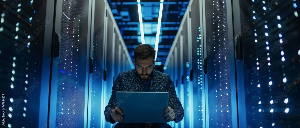 Aufkleber A male maintenance administrator utilizes a laptop in a cloud computing facility in a data center. Cyber security and network protection are important in this environment.