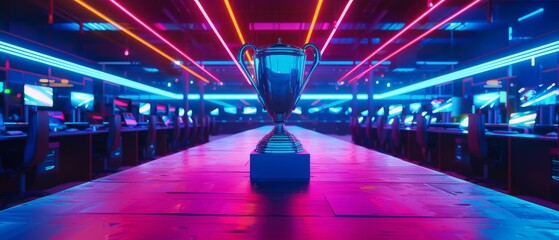 Stylish Neon Lights with Cool Area Design display the eSports Winner Trophy on a stage in the middle of the Computer Video Games Championship Arena. - obrazy, fototapety, plakaty