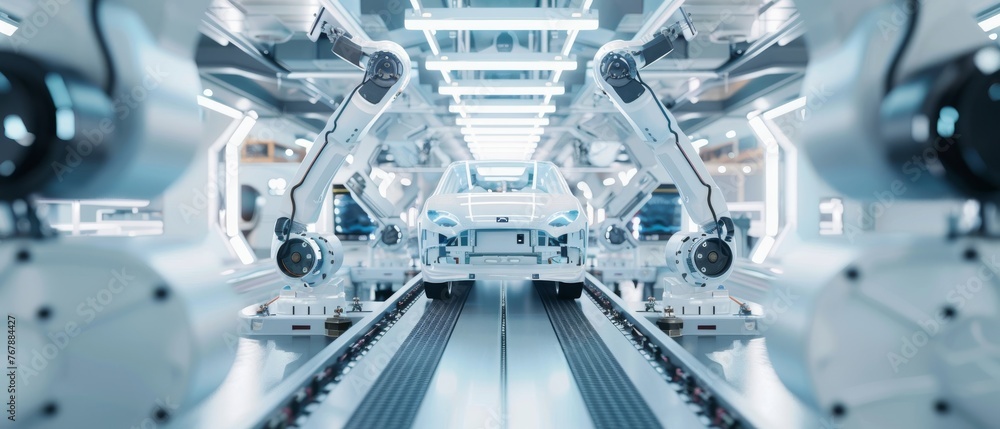 Aufkleber 3d model of a car factory: automatic robot arm assembly line producing high-tech electric vehicles. 