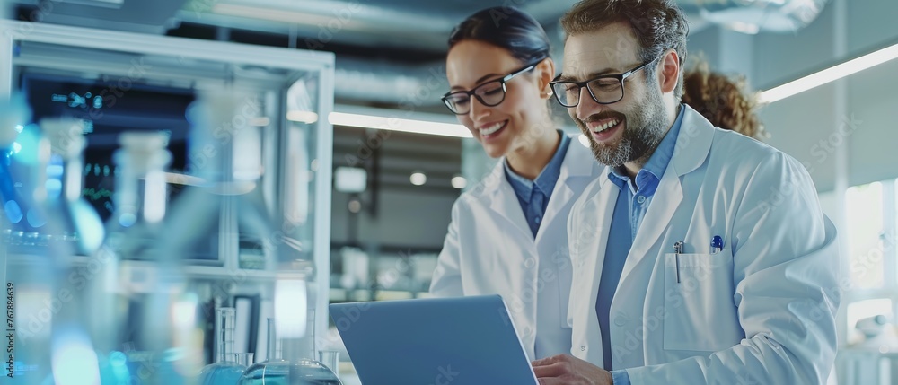 Aufkleber Taking a casual stroll through the high tech research office, two engineers use their laptops to analyze artificial intelligence software and discuss how to proceed.