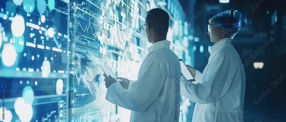 Poster digitalization of factory: industrial engineers use tablet computers, visualize wall of big data sta