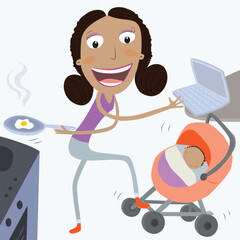 Mother's Day concept. Multitasking black girl. Vector illustration.