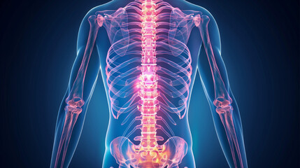 Illustration of back pain, highlighted in blue in the spine area, on a transparent background.