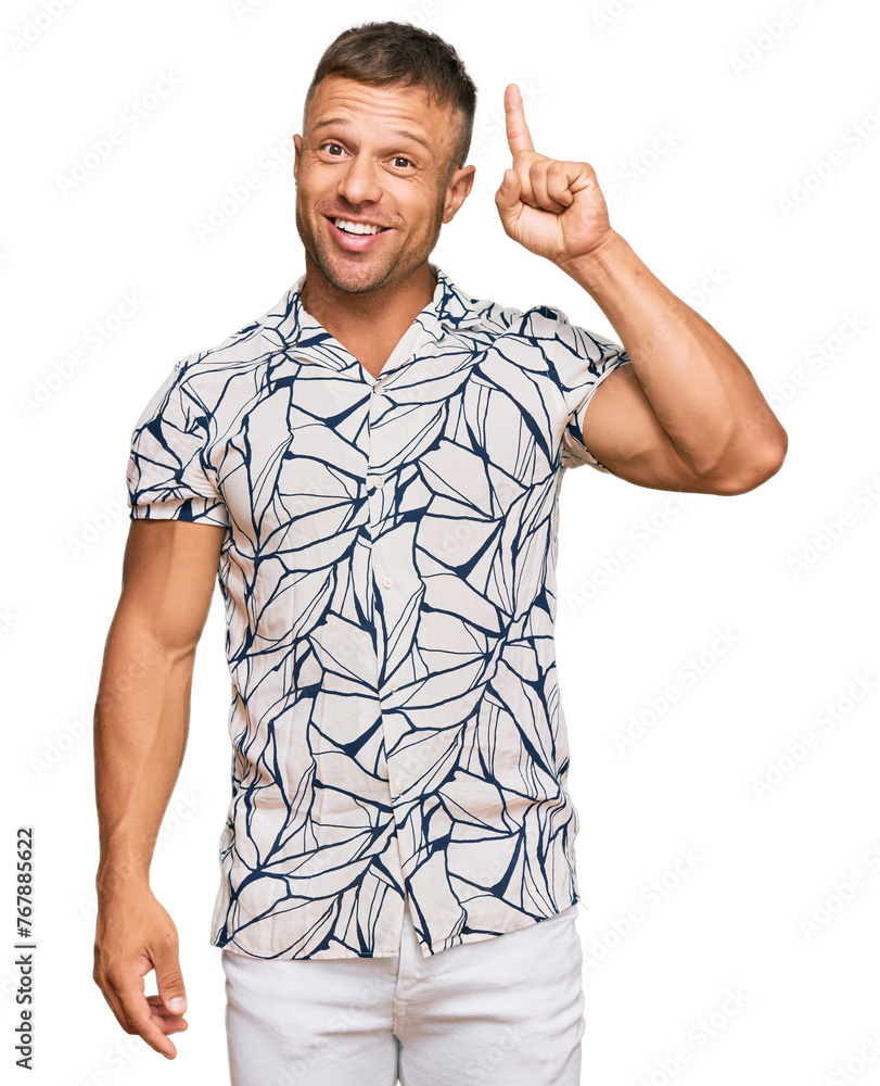 Poster handsome muscle man wearing casual clothes pointing finger up with successful idea. exited and happy