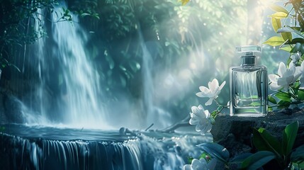 Waterfall backdrop with a perfume bottle standing strong, power and grace theme no dust - obrazy, fototapety, plakaty
