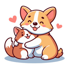 Cute pembroke welsh corgi dog hugs a ginger cat. Cartoon Vector Icon Illustration. Isolated on white.