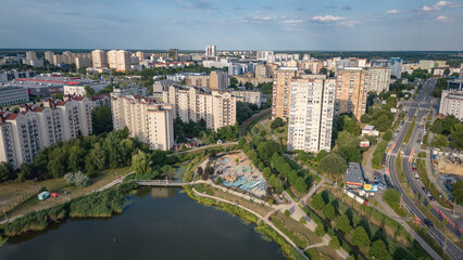 Fototapeta na wymiar Residential buildings over Balaton Lake in Goclaw area, South Praga district of Warsaw, Poland