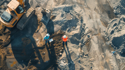 Excavator and Workers at Site
Overhead shot of an excavator and two construction workers in conversation, against a backdrop of textured sand and earthwork