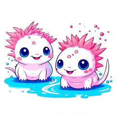 Nursery print with two cute cartoon axolotls on a white background isolated
