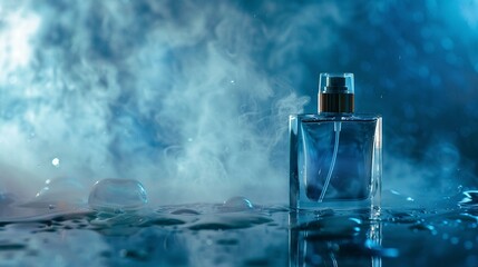 Perfume bottle shrouded in mist, with a serene water background low noise - obrazy, fototapety, plakaty
