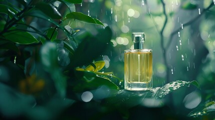 Perfume in a rainforest setting, droplets and green foliage enhancing the natural feel no dust - obrazy, fototapety, plakaty
