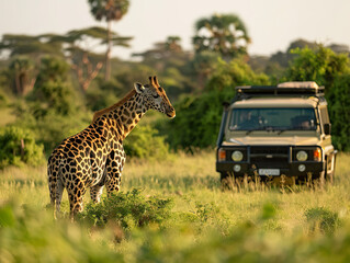 Giraffe in natural habitat with safari vehicle.  - obrazy, fototapety, plakaty
