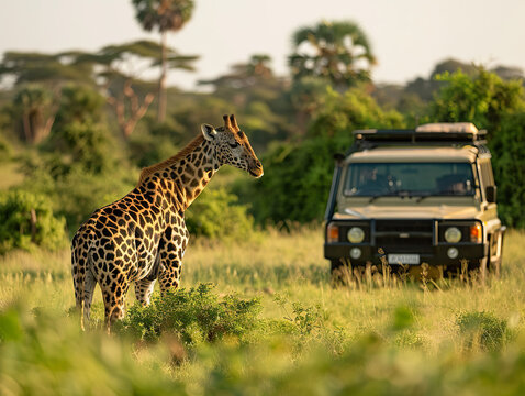 Fototapeta Giraffe in natural habitat with safari vehicle. 