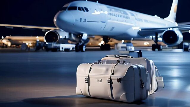 White bag or suitcase standing in airport in front of aircraft or airplane.