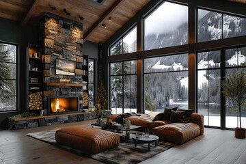 An expensive dark interior of a cozy and sophisticated chalet with a gorgeous panoramic view, fireplace and leather sofas