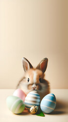 Cute little bunny among a collection of colorful easter eggs, christian background