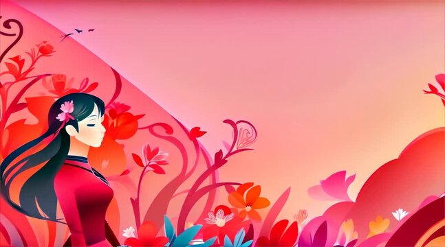 Illustration of a peaceful woman in a red dress surrounded by a flourishing floral pattern, symbolizing serenity and nature's beauty.
