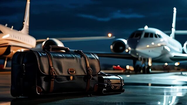 Bag or suitcase standing in airport in front of aircraft or airplane.