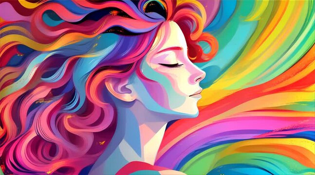 An artistic illustration of a woman with her hair in a cascade of rainbow colors, symbolizing diversity and creativity.
