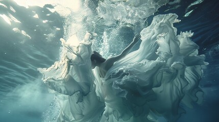 Ethereal underwater fashion shoot with flowing fabrics, dreamlike quality no splash