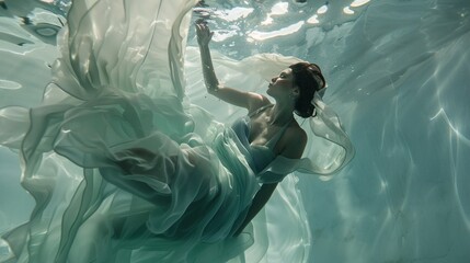 Ethereal underwater fashion shoot with flowing fabrics, dreamlike quality no splash - obrazy, fototapety, plakaty