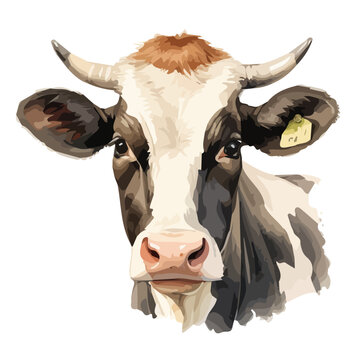 watercolor painting clipart Vector of a face cow with horn, isolated on a white background, Graphic Drawing, Illustration design.