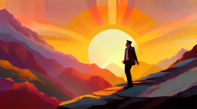 A man stands with open arms atop a mountain, embracing the warm glow of a majestic sunrise that illuminates the rugged terrain.
