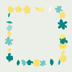 Fashionable frame of flowers. Spring background design, colorful bright flowers, decorative beautiful garden. Place for text. Design for postcard, invitation, web. Vector illustration