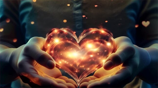 A conceptual image showing hands cradling a radiant, glowing heart, symbolizing love, care, and warmth in a dark setting.
