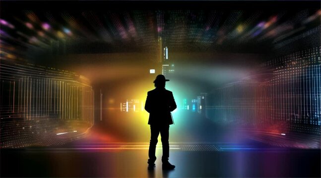 A person stands before a visually arresting data tunnel, representing concepts of big data, cyber security, and digital information flow.
