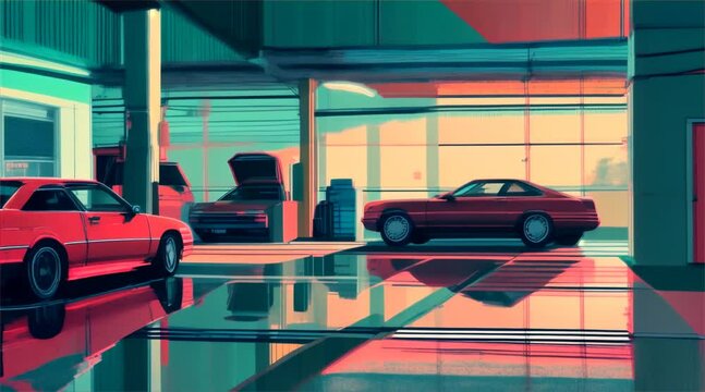 A contemporary sedan car is parked inside a modern service garage, with a technician standing by amidst the cool hues of twilight.
