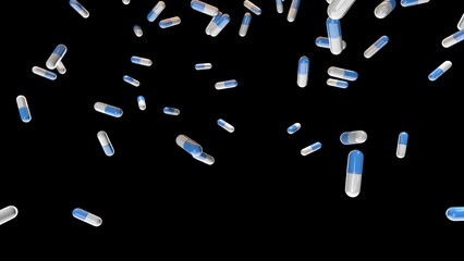 Many blue and white pills fell from the sky. on a black background