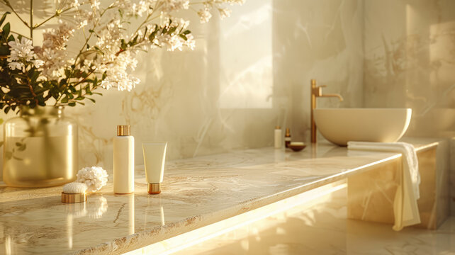 cosmetics bottles on marble table in light elegant bathroom, copy space