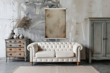 Interior of living room with white sofa and wooden chest of drawers