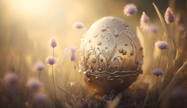 Evoking the spirit of Easter with a serene image of Easter eggs hidden among tall blades of grass and colorful wildflowers in a sunny field, illuminated by a warm golden hue.