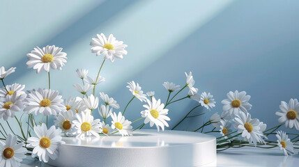 white round podium and daisies on blue background. minimalistic banner for advertising products, cosmetics