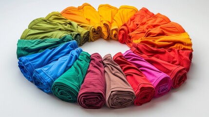 Rainbow circle of neatly folded t-shirts from warm to cool tones, overhead shot, Concept of color spectrum, organization, and fashion variety.