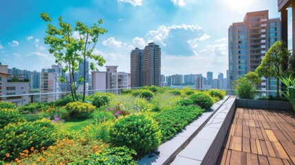 Fototapeta premium A stunning rooftop garden offering a lush green space with vibrant flowers, against a panoramic urban skyline under a clear blue sky.