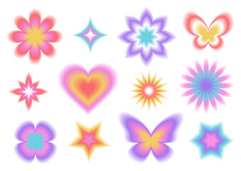 Aura Gradient elements set. Y2k style blurred gradient shapes. Blurry flower, heart, star, butterfly aesthetic elements. Abstract geometric shapes in trendy retro style.