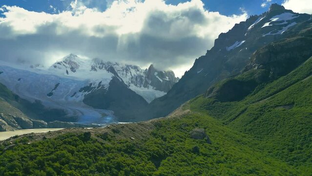 The Laguna Torre lake background Cerro Torre Mount in Los Glaciares National Park, El Chalten, Patagonia, Argentina. Aerial view on Drone footages.