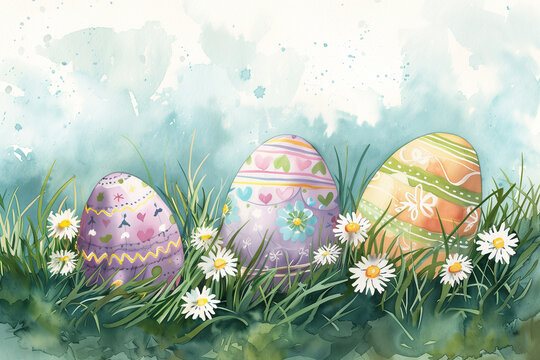 Watercolor illustration of colorful painted Easter eggs among grass and daisies, ideal for seasonal greetings.