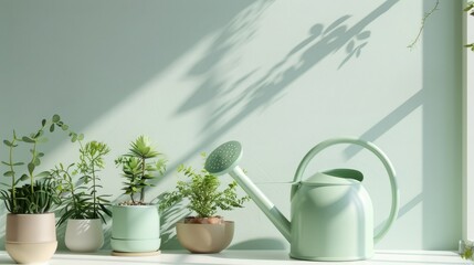 Minimalist style room with soft pastel background, potted plants and watering can on the table, sunlight shadow effect, white wall, close-up.