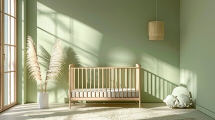 Light green baby room with white carpet, wooden crib and crib in the background. The floor is covered with a soft fabric carpet in pastel beige tones. An empty photo frame hangs on the wall.