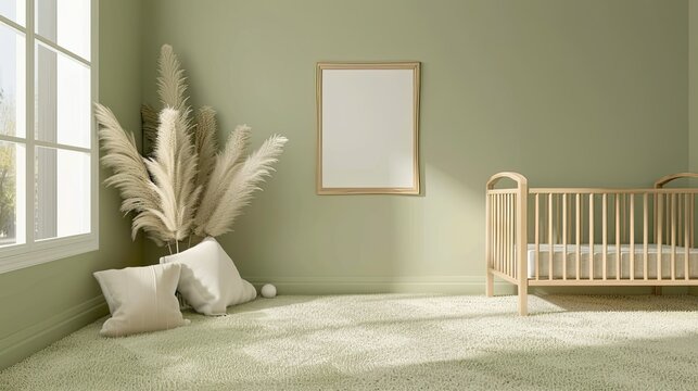 Light green baby room with white carpet, wooden crib and crib in the background. The floor is covered with a soft fabric carpet in pastel beige tones. An empty photo frame hangs on the wall.