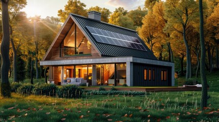 Modern house with solar panels on the roof surrounded by green grass and trees in autumn. The house...