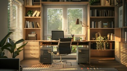 A modern style home office with a desk, laptop and books on a shelf behind it. White window blinds outside the window, a light wood bookcase next to the computer desk, a comfortable office chair