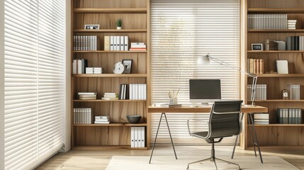 A modern style home office with a desk, laptop and books on a shelf behind it. White window blinds outside the window, a light wood bookcase next to the computer desk, a comfortable office chair.
