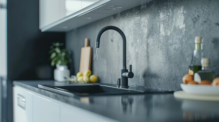Black kitchen faucet, white cabinets and black countertop with sink on top. The modern interior design is simple yet elegant, with an airy lens that captures the detail.