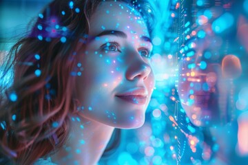 Close-up portrait of beautiful young woman surrounded by neon blue lines, dots and flares. Futuristic image of interaction with virtual reality. Interactive AI interface, neural network visualization.